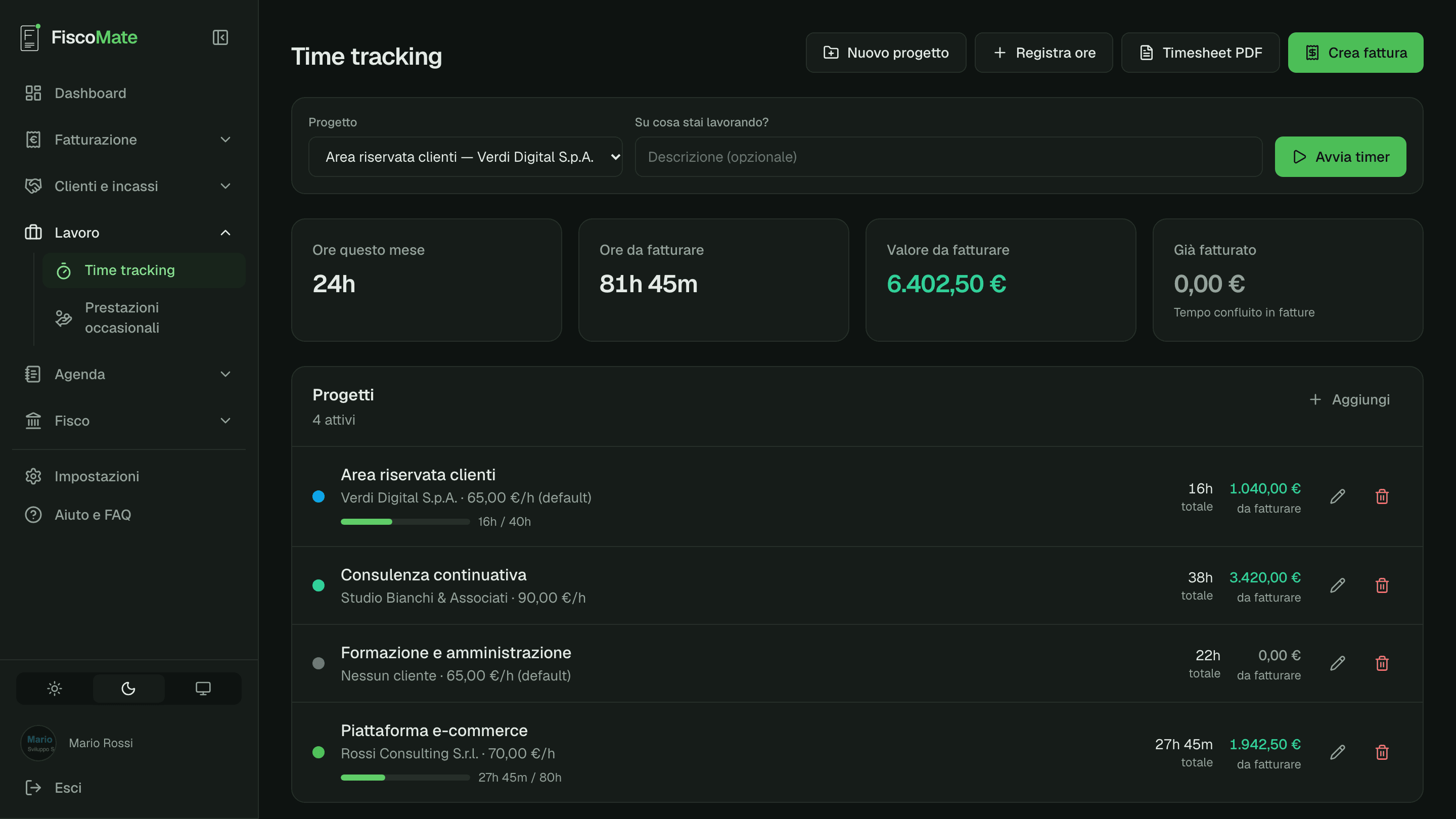 Pagina di time tracking con timer, progetti e registro ore