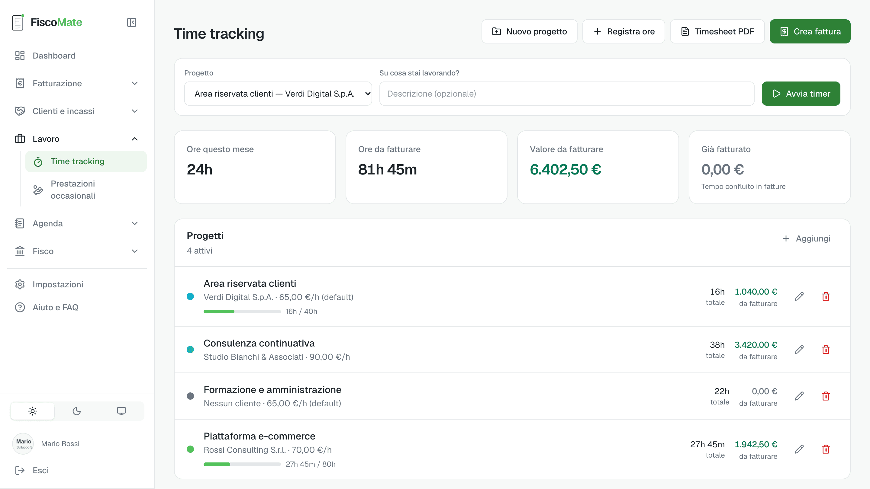 Pagina di time tracking con timer, progetti e registro ore