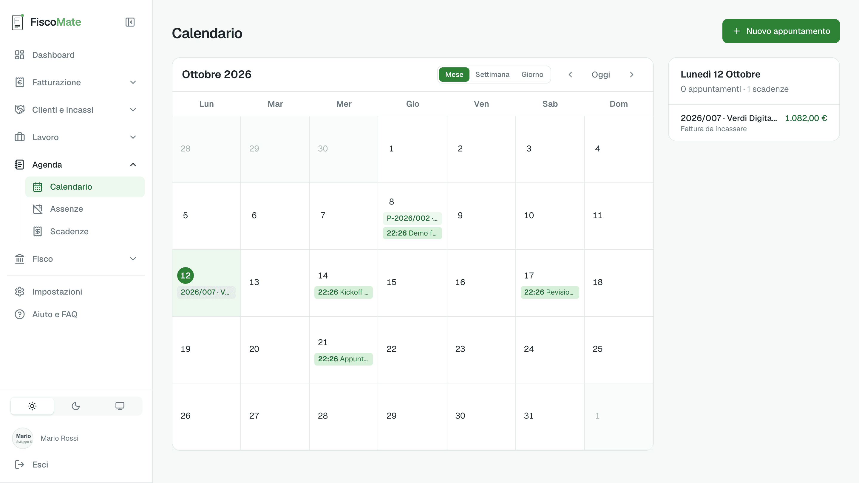 Calendario mensile con appuntamenti e scadenze fiscali